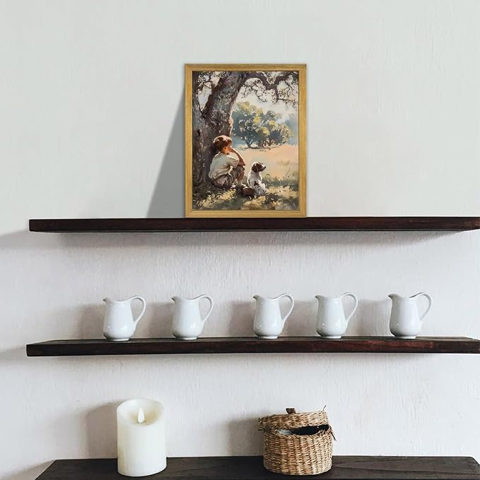 Wood Framed Canvas Wall Art, Vintage Boy and Dog Painting Poster, Countryside - Image 6