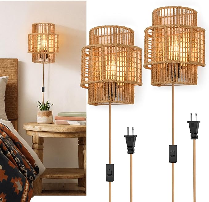 Plug-in Boho Wall Sconces Set of 2, Handwoven Rattan Wall Lights by AKEETO