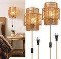 Plug-in Boho Wall Sconces Set of 2, Handwoven Rattan Wall Lights by AKEETO