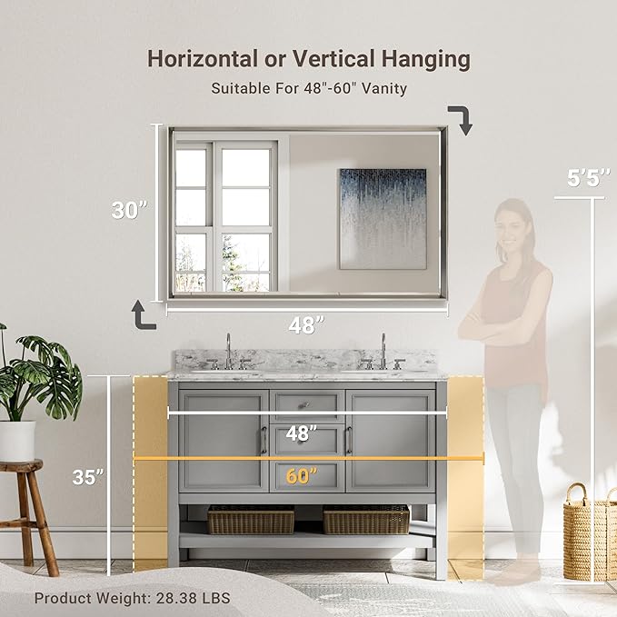 48'' x 30'' Brushed Nickel Framed Beveled Bathroom Mirror, Shatterproof - Image 2