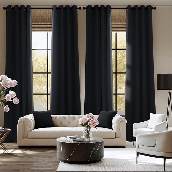 NICETOWN 95 Inch Blackout Curtains, Grommet 2 Panels Thermal Insulated Black - Image 2