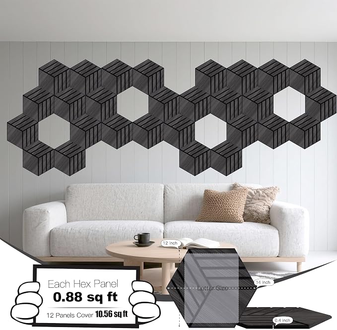 Mollywell Acoustic Panels, PVC Wood-Grain, 14x12 Inch Hexagon Carved Sound - Image 2