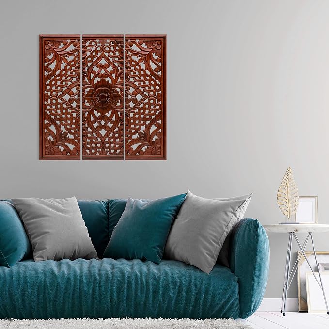 Homebia Designs Handmade Carved Wooden Wall Hanging Plaques Set of 3 - Image 4