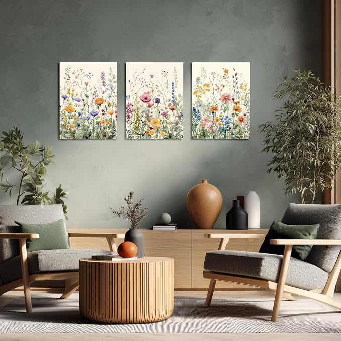 LLEEMPI Framed Watercolor Floral Wall Art Set of 3, Colorful Wildflower Wall - Image 2