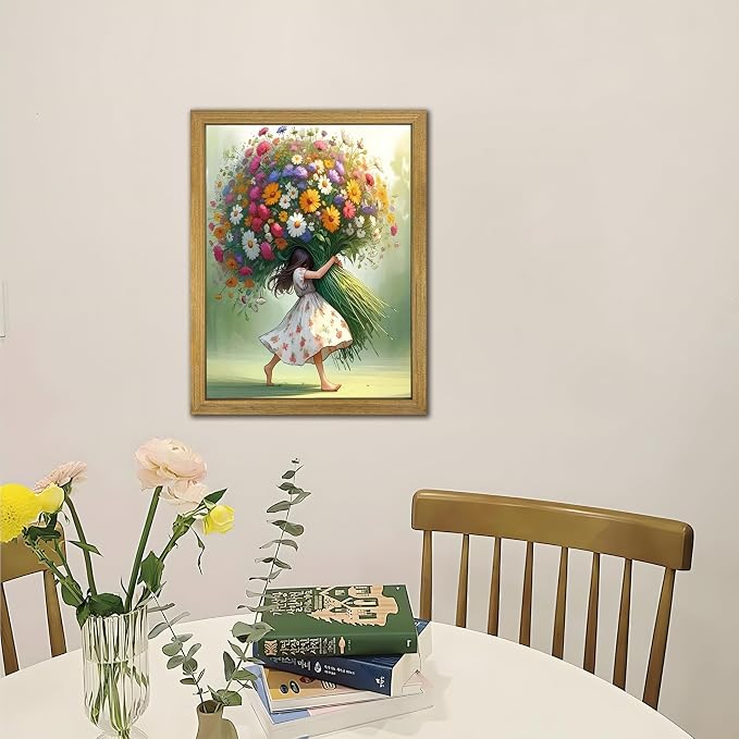 Wood Framed Pink Wildflower Canvas Wall Art, Girl Hugging Flowers Poster Prints - Image 7