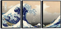 Wieco Art Black Framed Great Wave of Kanagawa Katsushika Hokusai 3 Piece Modern by WiecoArt