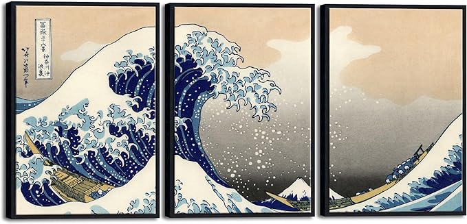 Wieco Art Black Framed Great Wave of Kanagawa Katsushika Hokusai 3 Piece Modern by WiecoArt