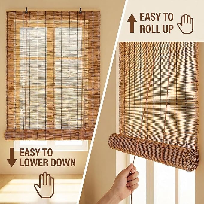 Bamboo Blinds Outdoor Patio, Natural Retro Reed Roll Up Shades - Image 6