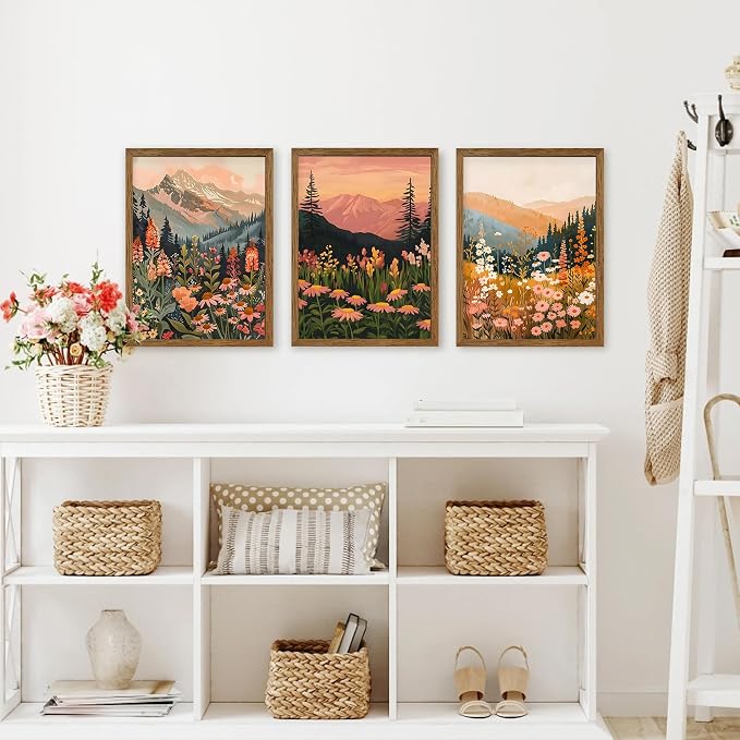 WRFON Botanical and Flower Canvas Wall Art, Framed Mountain Landscape Wall Art - Image 4