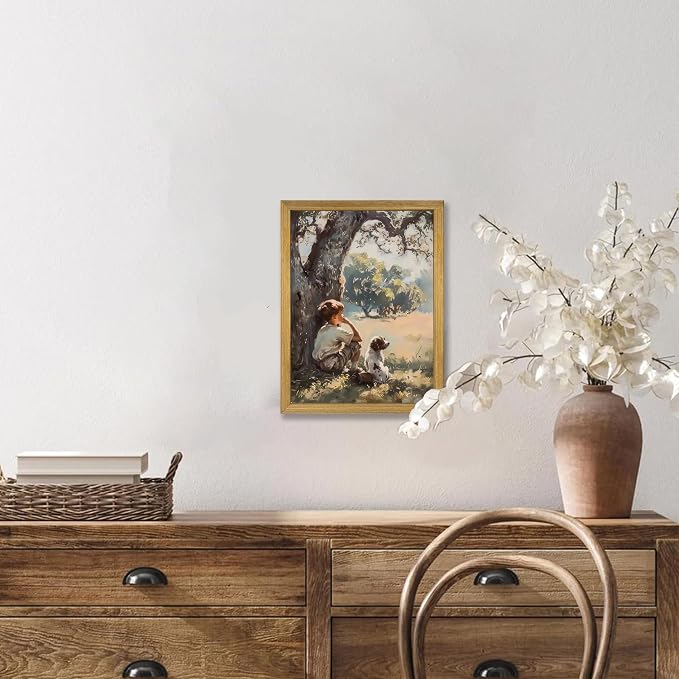 Wood Framed Canvas Wall Art, Vintage Boy and Dog Painting Poster, Countryside - Image 9
