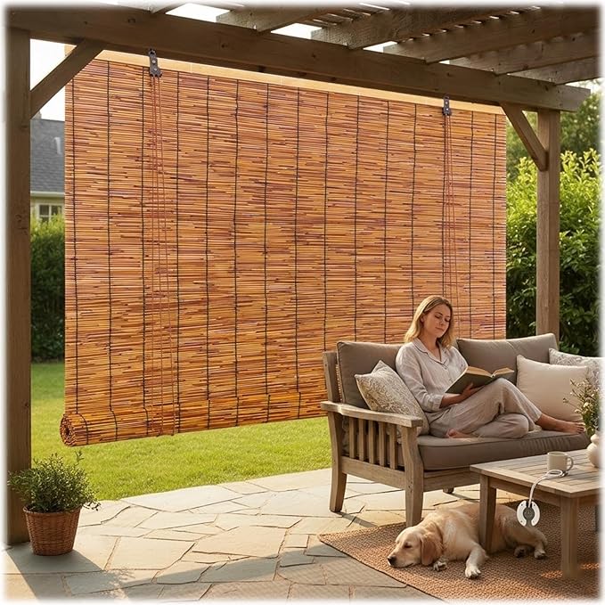 Outdoor Bamboo Roller Blinds 72 84 108 64 48 36" W, Natural Reed Patio Shades by Unknown