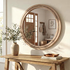 30" Round Solid Wood Mirror for Bathroom Vanity, Handcrafted Beaded Circle Wall - Image 2