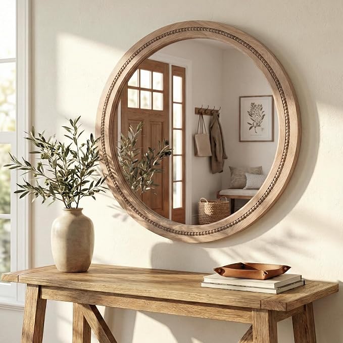 30" Round Solid Wood Mirror for Bathroom Vanity, Handcrafted Beaded Circle Wall - Image 2