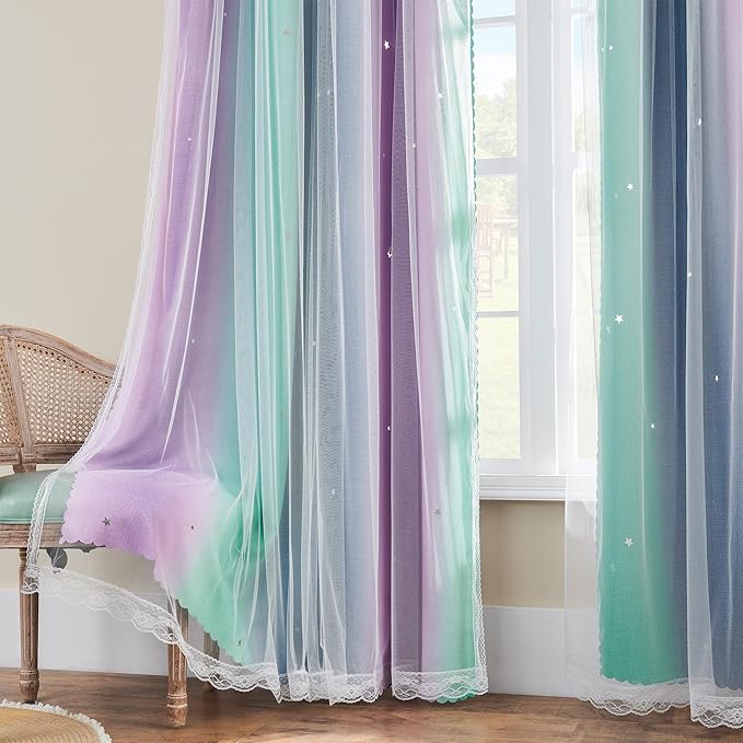 XiDi Curtains for Bedroom Decor, Rainbow Purplgreen grey52/54 - Image 4