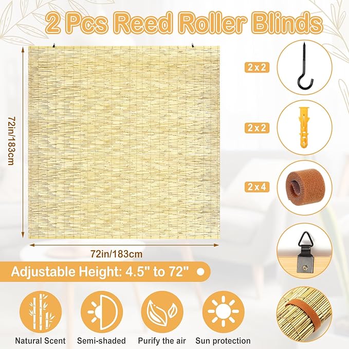 DoubleFill 2 Pcs Bamboo Shades Outdoor Reed Roll up Blinds 72" W x 72" H - Image 2