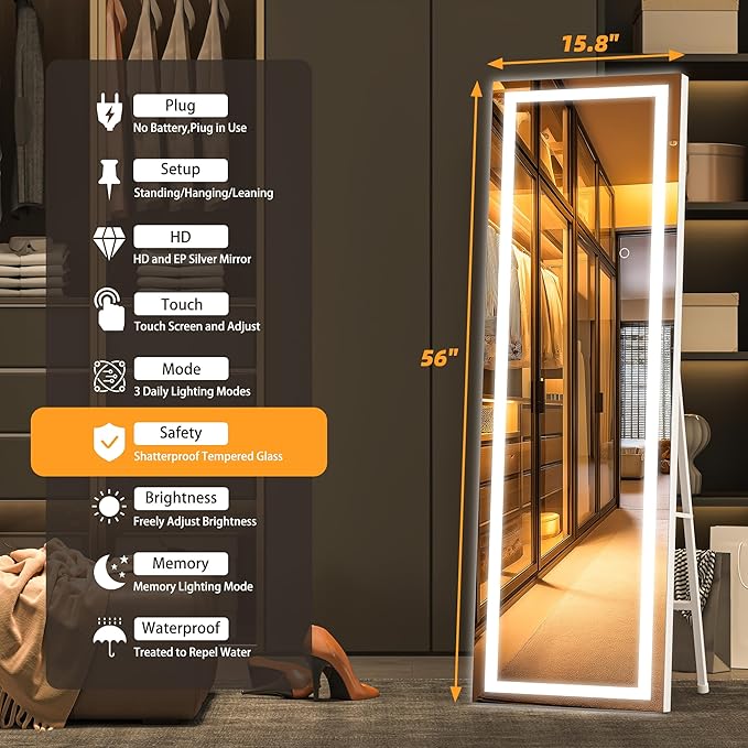 Hasipu Full Length Mirror with Lights, Full Body Dressing Standing, Hanging - Image 2