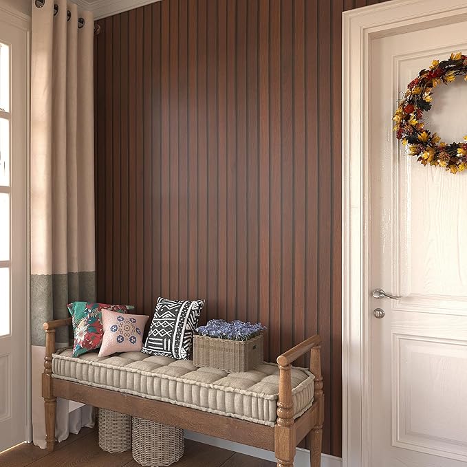 VEELIKE Wide Dark Walnut Wood Slat Peel and Stick Wallpaper Wood Contact Paper - Image 4
