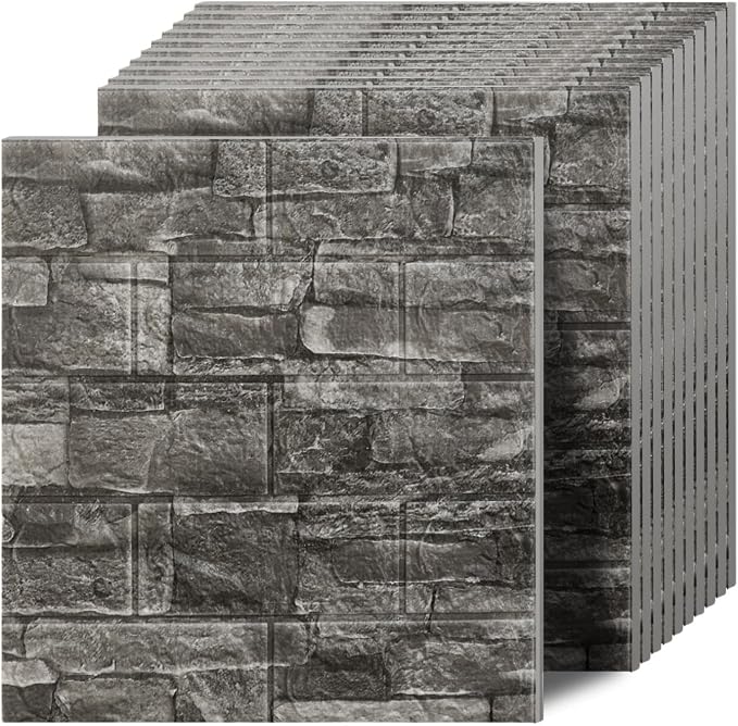 3D Wall Panels Peel and Stick in Black Grey Stone, Textured Faux Brick Wall by Greymond