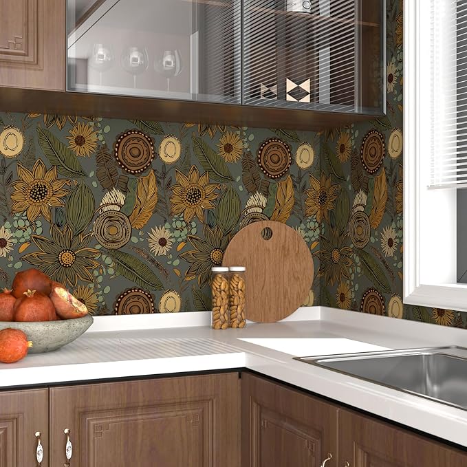 Grey Boho Wallpaper Peel and Stick, Vintage Green Yellow Floral Contact Paper - Image 5