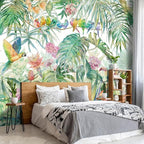 Tropical Green Botanical Flower Birds Leaf Wallpaper Bedroom Plant Floral Mural by WXHFM