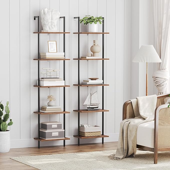 HOOBRO DIY Ladder Shelf, 5-Tier Wooden Wall Mounted Bookshelf, Narrow Bookcase - Image 4