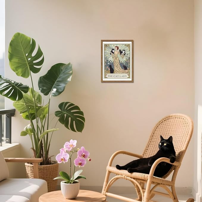Framed Black Cat Wall Art, Vintage The Cat Lady Tarot Canvas Wall Decor - Image 2