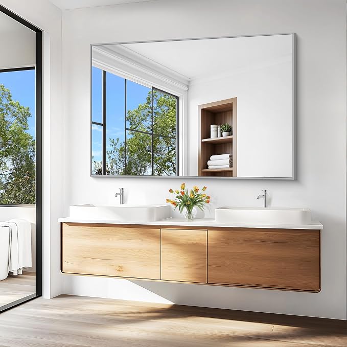 KOCUUY Silver Bathroom Mirror, HD Tempered Glass, Anti-Rust Brushed Silver Frame - Image 8