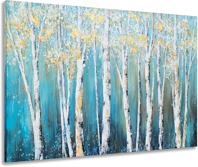 Yihui Arts Landscape Canvas Print Artwork: Teal Winter Forest Painting Wall Art by YihuiArts