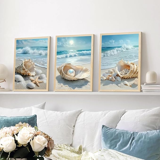 SYWENNOI 3 Piece Wood Framed Beach Wall Art, Sandy Shore, Pearl in Shell - Image 4