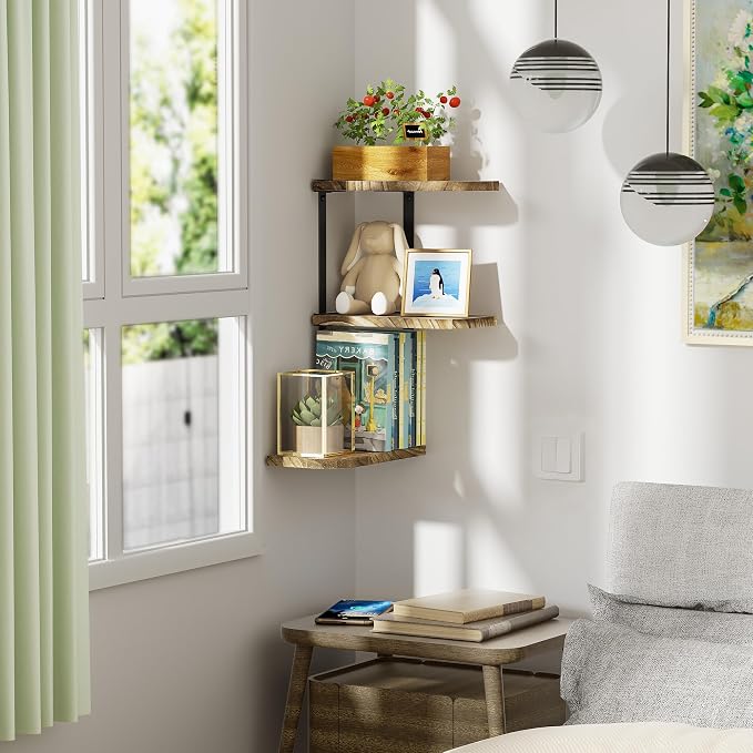 Love-KANKEI Corner Shelf Wall Mount of 3 Tier Rustic Wood Floating Shelves - Image 7
