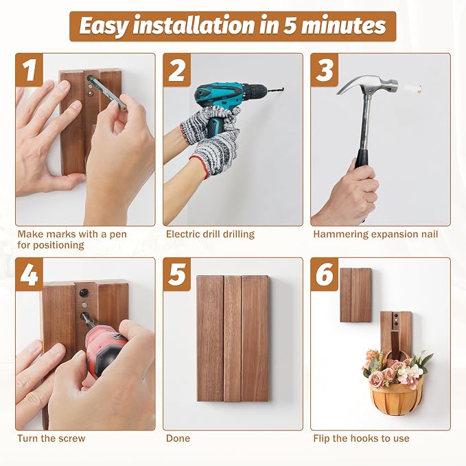 Foldable Wall Hooks 2Pack: Rustic Wooden Coat Hooks Mounted - Image 9