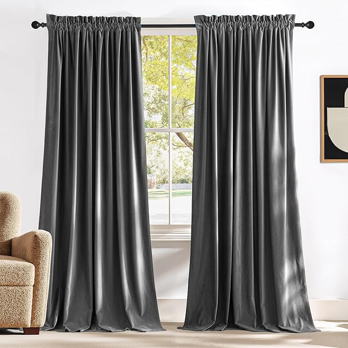 NICETOWN Grey Luxury Velvet Curtain Panels 96 inches Long 2 Panels, Home by NICETOWN