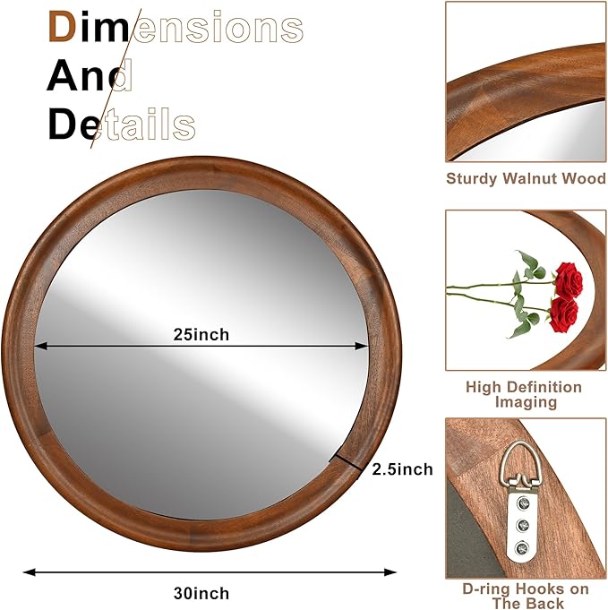CULER Round Wall Mirrors 30 Inch, Wood Rustic Decorative Transitional Mirror - Image 3