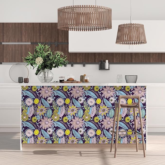 Purple Boho Wallpaper Peel and Stick, Vintage Yellow Floral Contact Paper 17.5" - Image 3