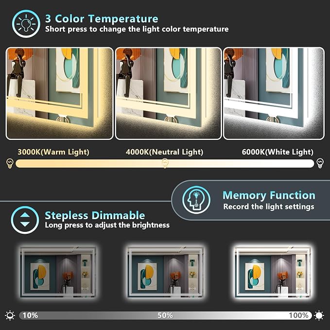 48x32 LED Bathroom Mirror with Lights, Backlit and Front Lit Anti-Fog Lighted - Image 4