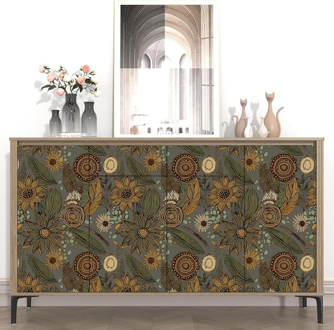 Grey Boho Wallpaper Peel and Stick, Vintage Yellow Green Floral Contact Paper - Image 3