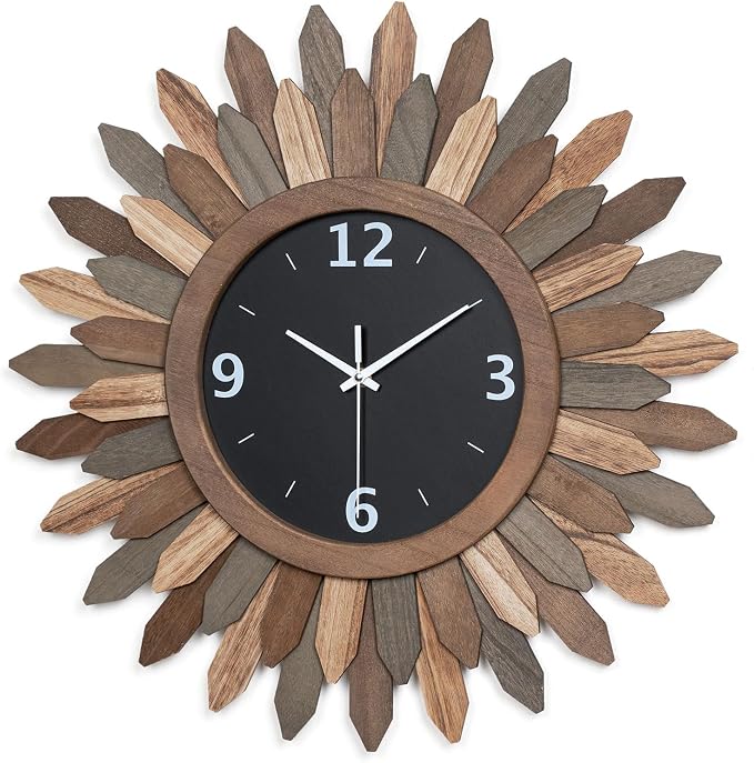 Honiway Large Wall Clock Battery Operated 21 in Rustic Wood Boho Sunburst by Honiway