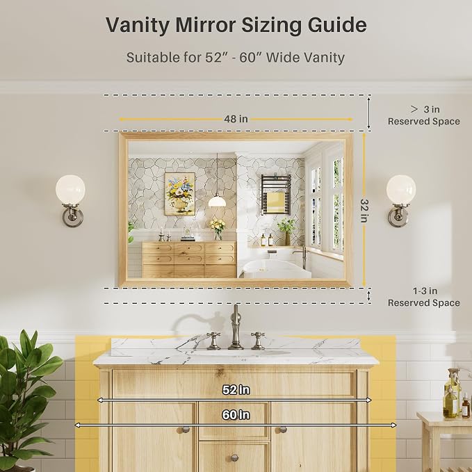 48x32 Inch Bathroom Mirror for Wall, Anti-Rust Oak Wood Grain Metal Framed - Image 2