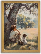 Wood Framed Canvas Wall Art, Vintage Boy and Dog Painting Poster, Countryside by Unknown
