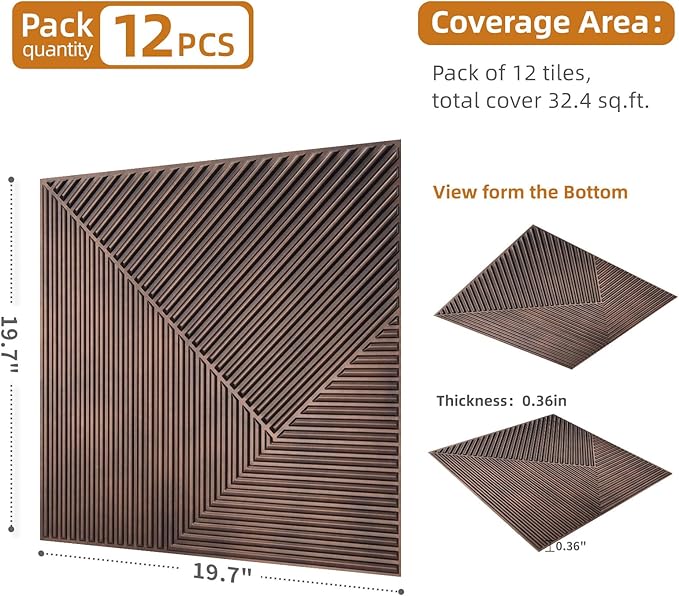WOWSTAR 12-Pack 3D Wall Panels 19.7" x 19.7", Antique Copper Slat Wall Panels - Image 5