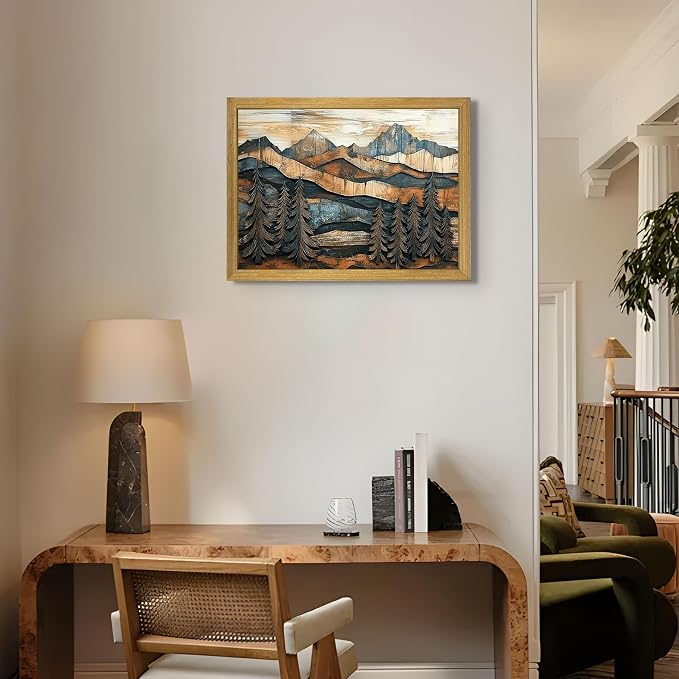 Vintage Boho Mountain Wall Art, Framed Landscape Canvas Wall Art, Nature Forest - Image 8