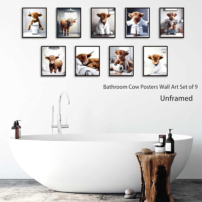 SEHSUVC Funny Bathroom Cow Posters Wall Art Set of 9, Vintage Brown Highland - Image 7