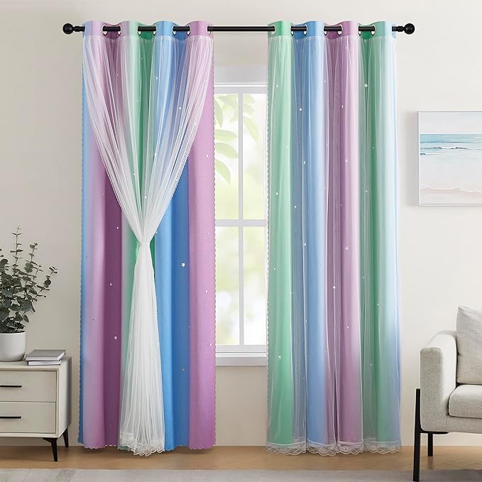 XiDi Blue & Rainbow Curtains for Kids & Girl Room by Addsomecolortolife