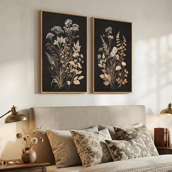 Large Framed Vintage Botanical Wall Art Set of 2, Neutral Farmhouse Moody - Image 2