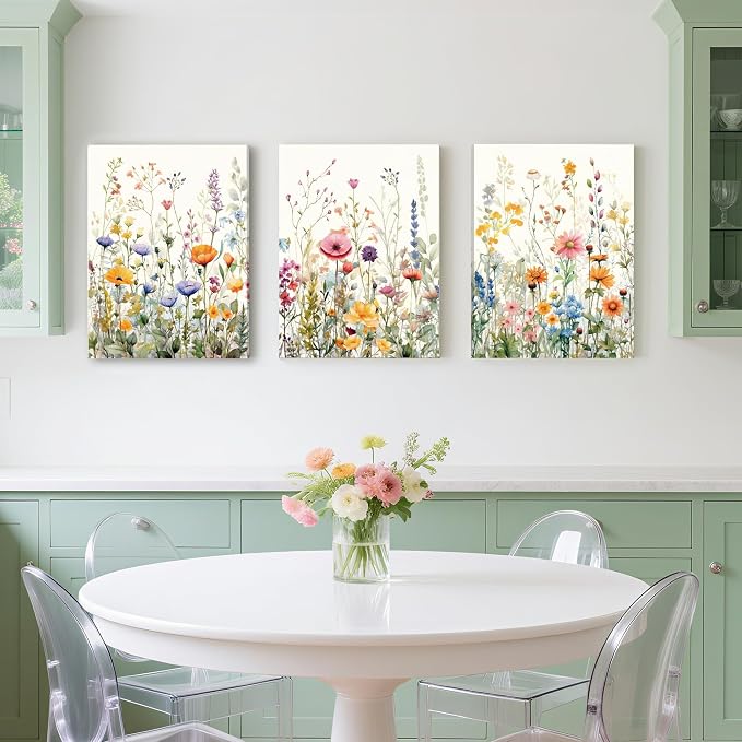 WRFON Wildflower Canvas Wall Art Set of 3, Unframed Botanical Floral Watercolor - Image 4