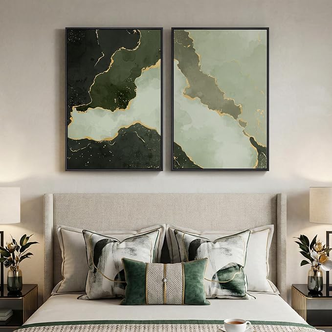 Large Framed Green Abstract Wall Art Set of 2, Modern Canvas Prints Paintings - Image 5