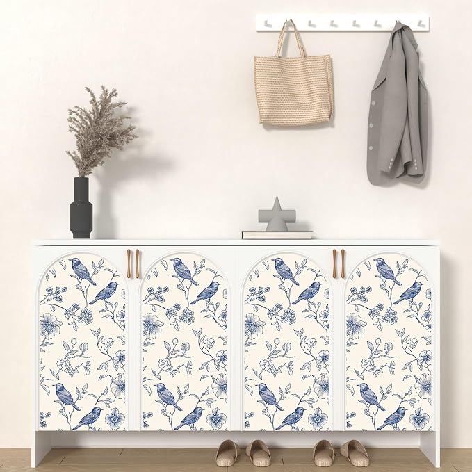 Beige Wallpaper Peel and Stick Blue Floral Bird Vintage Contact Paper 17.5" x - Image 5