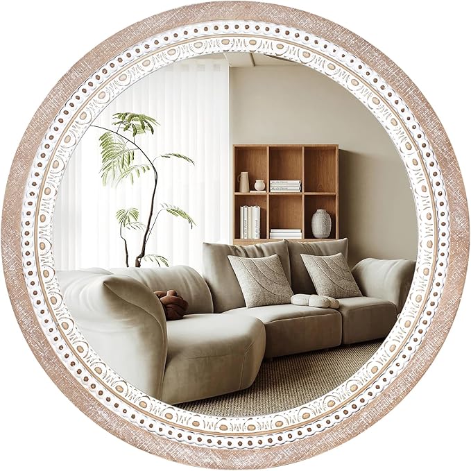 Reflinto 30 Inch Rustic Farmhouse Round Wood Mirror Wall Decor, Boho Circle by ReflintoWallDecor