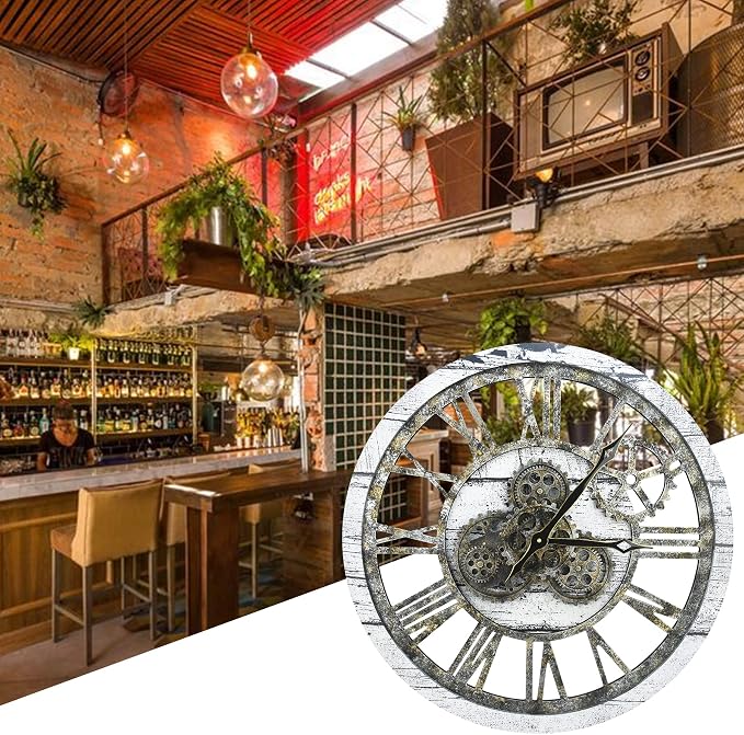 HOIBAI Vintage Industrial Wall Clock, 24 Inch, Rustic Natural Wood, Moving Gears - Image 4