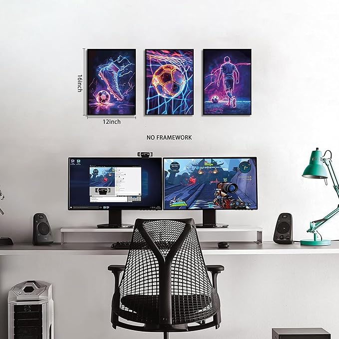 BGFCE Cool Soccer Gaming Wall Art Posters Set of 3, Neon Video Gamer Canvas - Image 3